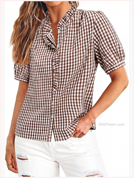 Tops - Women's Plaid Short Sleeve Button Down Ruffle V-Neck Blouse